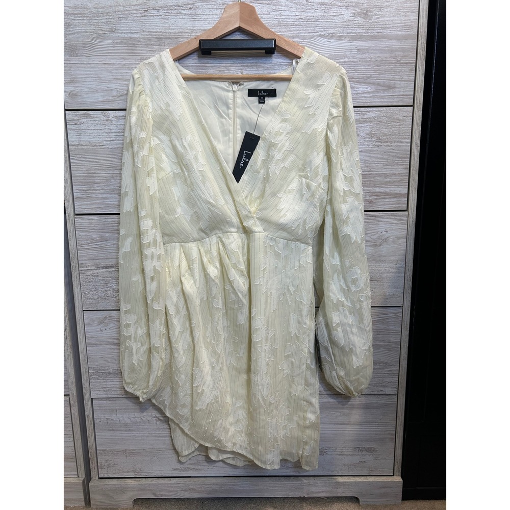 Lulus Cream Jacquard Long Sleeve Mini Dress Metallic Gold Floral Shimmer M - Picture 2 of 6